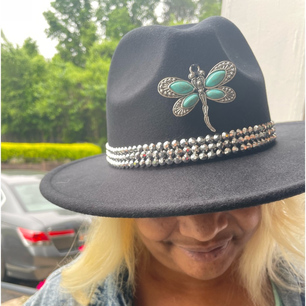 Black Women's Fedora, with Jazzy Sparkling Hatband, and a Turquoise Butterfly